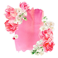 Floral composition against the backdrop of pink watercolor stain, isolated on white. Hand painting. Pastel colors