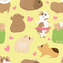 big set, cute funny guinea pigs of different colors stand, lie, sleep, cute home rodent, vector seamless pattern in flat style