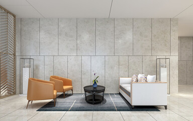 Modern cozy interior mock up design furniture decor of living room and wall pattern background, 3d rendering