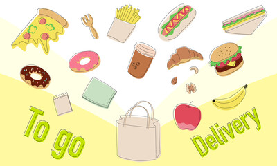 持ち帰りやデリバリーできる食べ物のイラスト