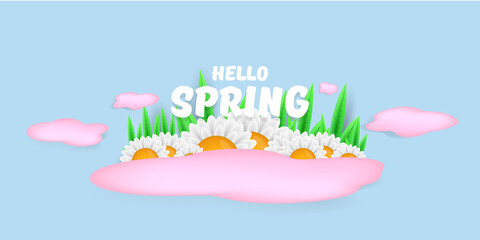 vector hello spring pink horizontal banner with text and flowers on soft blue sky background with pink clouds. hello spring slogan or label isolated on blue background