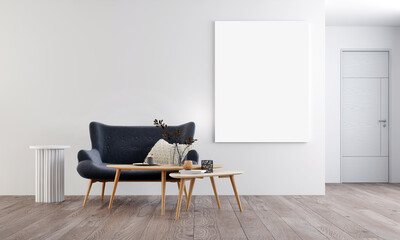 Modern cozy interior mock up design furniture decor and empty frame canvas of living room and wall pattern background, 3d rendering