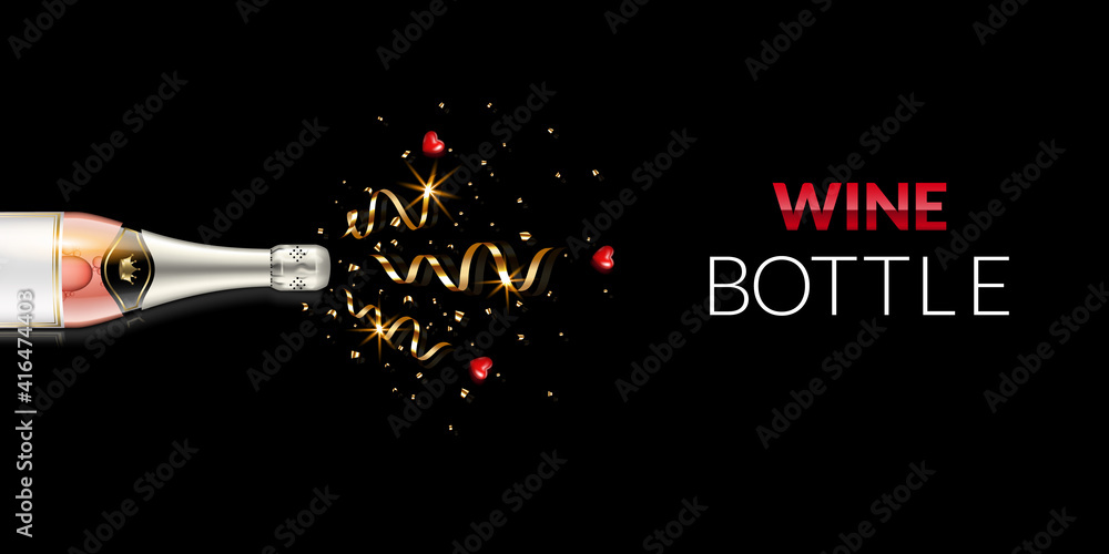 Wall mural champagne bottle with ribbons and hearts, isolated on black background.