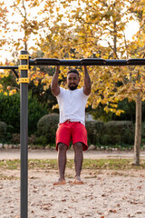 african american athlete doing fitness exercises on bars, calisthenics workout.