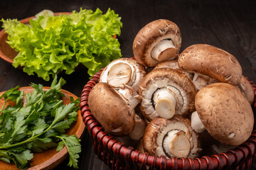 mushrooms in a basket with lettuce and herbs on a dark wooden background	