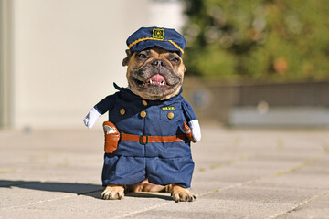 Funny French Bulldog dog wearing police officer uniform costume with fake arms  - obrazy, fototapety, plakaty