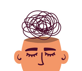 Mental health illness, psychology. Sad human head with confused thoughts inside. Depressive disorder, anxiety issues, mind stress. Burnout, emotional problem. Therapy abstract vector illustration
