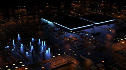 abstract background on a computer theme in red backlight. 3d render on artificial intelligence