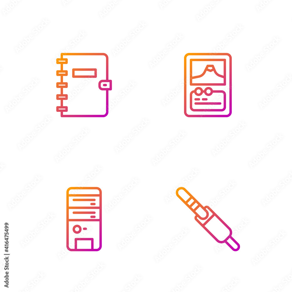 Poster set line audio jack, computer, spiral notebook and card game. gradient color icons. vector.