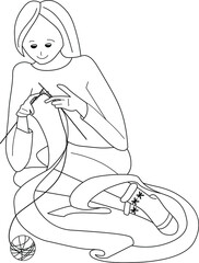 Young woman sitting and knitting a long scarf. Lifestyle and hobby. Linear, contour, black and white illustration. Can be used for coloring page.