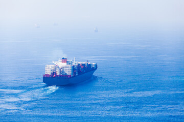 Container ship goes on Red Sea, bird eye view