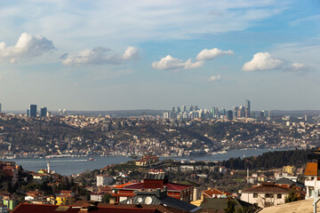 Panorama of european part of Istanbul with Bosphorus. Big city with skyscrapers.Turkey.