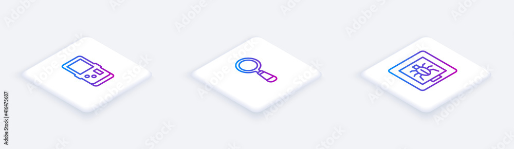 Poster set isometric line tetris, magnifying glass and insects frame. white square button. vector.