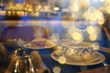 Obraz na płótnie Canvas romance dinner restaurant table setting, background in abstract bar table food and wine