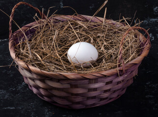 one chicken egg in a basket with hay on a dark background