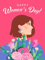 Happy Womens Day, March 8 card. Woman portrait.