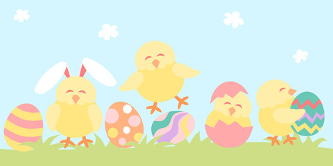 Easter banner with easter eggs and chicken