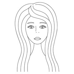Womans face. Sketch. The girl head full face. Vector illustration. Nice lady with long hair. Black eyebrows and eyelashes. Neat sponges. Mysterious female portrait. Outline on an isolated background. 