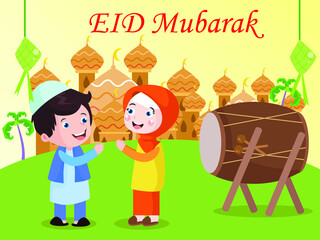 Happy Kids celebrating Eid al-fitr cartoon vector concept for banner, website, illustration, landing page, flyer, etc.