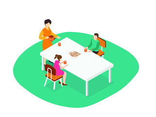 Fototapeta premium Mother and kids enjoying afternoon tea isometric vector concept for banner, website, illustration, landing page, flyer, etc