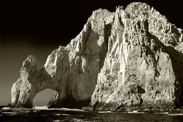 rock formation of Cabo San Lucas in black and white 