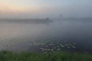 Dawn over a misty lake in spring