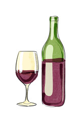 Vector hand drawn wine bottle and glass. Digital watercolor.