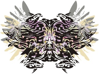 Colorful butterfly wings with floral and feathers splashes. A terrible butterfly on a white background with elements of eagle feathers and floral motifs for tattoos, prints, textiles, wallpaper, etc.