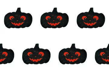 Fotobehang Halloween seamless pattern with smiling pumpkins. Black and orange colors. Print for textile, greeting cards, wrapping paper, decor, design. Holiday background. Symbol of witchcraft © Daria