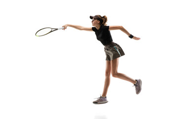 Speed. Young caucasian professional sportswoman playing tennis isolated on white background. Training, practicing in motion, action. Power and energy. Movement, ad, sport, healthy lifestyle concept.