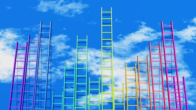 viele bunte Leitern, an den Himmel gelehnt