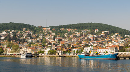 Fototapeta na wymiar View of Heybeliada island from the sea with summer houses. the island is the second largest one of four islands named Princes' Islands in the Sea of Marmara, near Istanbul, Turkey