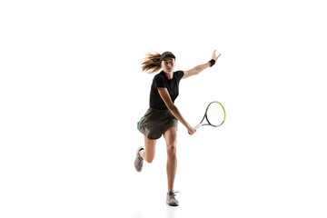 Fototapeta na wymiar Youth. Young caucasian professional sportswoman playing tennis isolated on white background. Training, practicing in motion, action. Power and energy. Movement, ad, sport, healthy lifestyle concept.