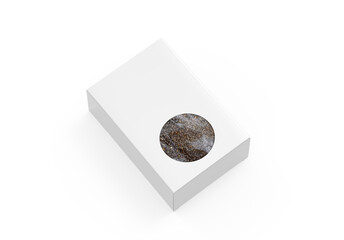 Fototapeta premium Sweet basil seeds packaging box mock up template, white blank box of Sabja seeds on isolated white background, 3d illustration