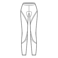 Cycling pants Leggings technical fashion illustration with low waist, rise, full length. Flat training, casual bottom knit trousers apparel template front, white color. Women men unisex CAD mockup