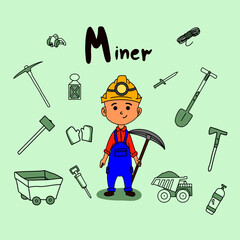 Cute vector alphabet Profession. Letter M - Miner