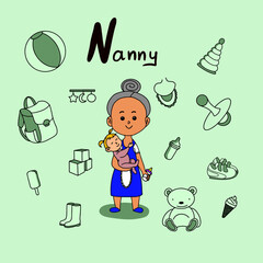 Cute vector alphabet Profession. Letter N - Nanny	
