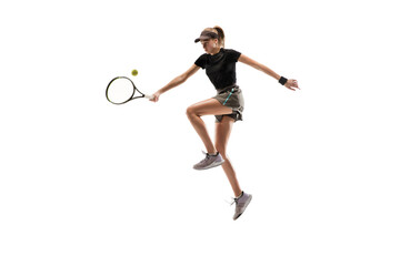 Leader. Young caucasian professional sportswoman playing tennis isolated on white background. Training, practicing in motion, action. Power and energy. Movement, ad, sport, healthy lifestyle concept.
