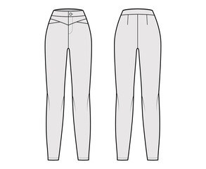 Yoked pants technical fashion illustration with normal waist, high rise, full length, fitted body. Flat casual bottom trousers apparel template front, back, grey color. Women men unisex CAD mockup