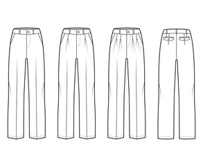 Set of Pants tailored technical fashion illustration with low waist, full length, single double pleat, belt loops. Flat bottom apparel template front, back, white color. Women men unisex CAD mockup