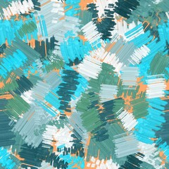 Seamless pattern of abstract elements of blue and green shades on an orange background for textiles.