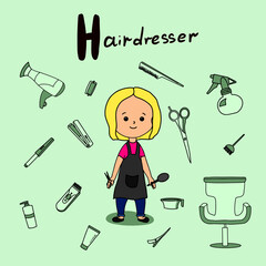 cute alphabet professions for girls. H - hairdresser