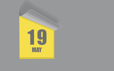 may 19. 19-th day of the month, calendar date. Gray numbers in a yellow window, on a solid isolated background. Spring month, day of the year concept