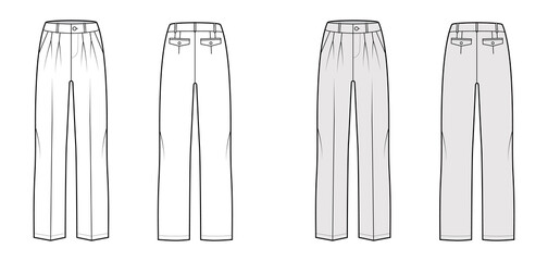 Pants tailored technical fashion illustration with low waist, rise, slant flap pockets, double pleat, belt loops. Flat casual bottom trousers front, back, white grey color. Women men unisex CAD mockup