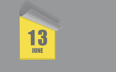 june 13. 13-th day of the month, calendar date. Gray numbers in a yellow window, on a solid isolated background. Spring month, day of the year concept