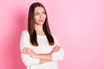 Fototapeta premium Photo of confident pretty young woman wear white clothes arms crossed looking empty space isolated pink color background