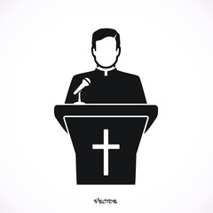 Priest giving speech from tribune. Catholic preacher person. Pastor servant of god in cassock. Vector illustration in flat style