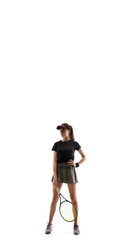 Flyer. Young caucasian professional sportswoman playing tennis isolated on white background. Training, practicing in motion, action. Power and energy. Movement, ad, sport, healthy lifestyle concept.