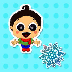 happy boy who made a snowman for the first time