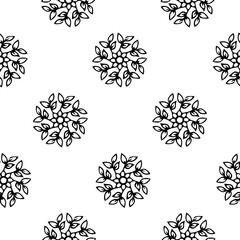 Seamless pattern. Floral and botanical ornaments in circular design. Vector hand drawn, line art. For paper, wallpaper, fabric